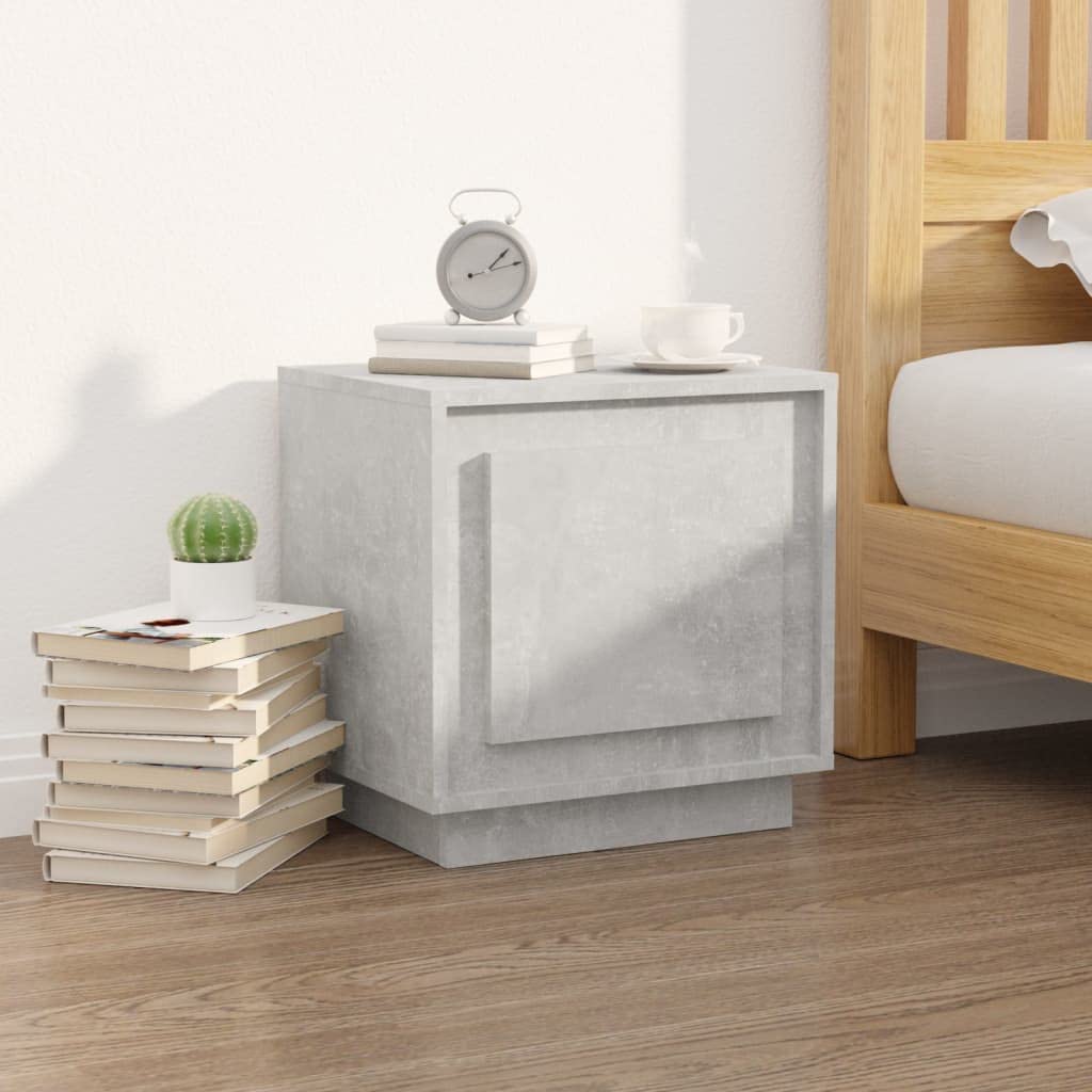 Mesita de noche de madera de ingeniería gris hormigón 44x35x45cm para almacenamiento auxiliar