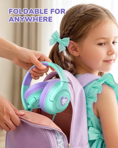 Image of iClever C371 Kids Headphones with Cord for School Boys Girls Travel Gift | SafeSound Tech3.0, Stereo Sound, 3.5mm Jack, Foldable, Durable Headband, Safe Wired Headphones for Kids, Cream Green