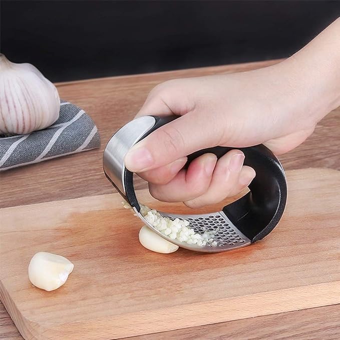 Image of Catron Garlic Chopper Stainless Steel,Garlic Chopper | Garlic Press | Garlic Peeler Manual, Curve Fruit Vegetable Tools for Kitchen (Silver-Black)