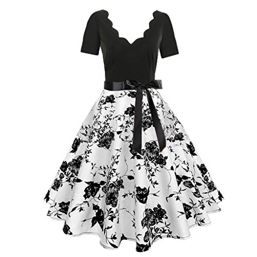 Damen elegant 50er Jahre Petticoat Kleider Drucken Abendkleider Rockabilly Kleider Cocktailkleider Ärmellos Kleidung Abendkleider Partykleid Knielang Kleid Mit Gürtel (H, M)