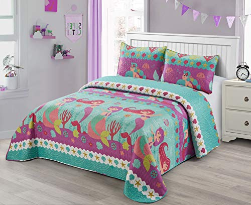 Better-Home-Style-Under-The-Sea-Life-Mermaid-with-Fish-Seashell-Starfish-Design-KidsGirlsTeens-3-Piece-Coverlet-Bedspread-Quilt-Set-with-Pillowcases-Riding-Mermaid-QueenFull 51Cfv3OzlaL