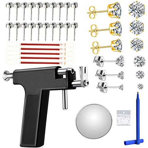 Reusable Ear Piercing Kit, Professional Salon Peircings Gun Tools With Silver Earrings Set For Home Self Body Nose Lip Earrings Piercing Kit with 18 Pairs Stud Earrings (Black)