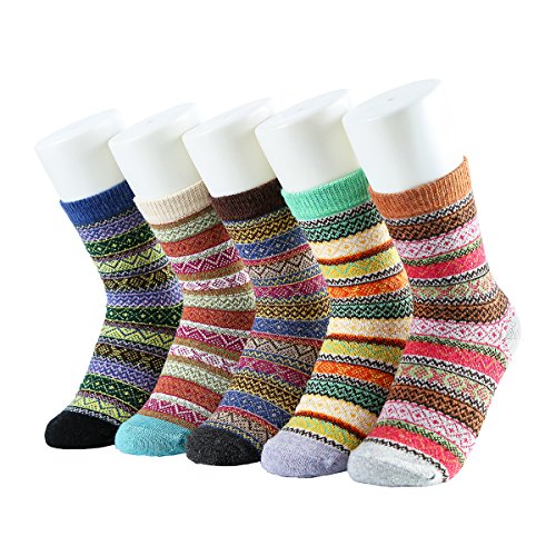 JOYEBUY 5 Pairs Warm Winter Fall Women Socks Retro Floral Style Cotton Knitting Wool Crew Socks (Style 4)