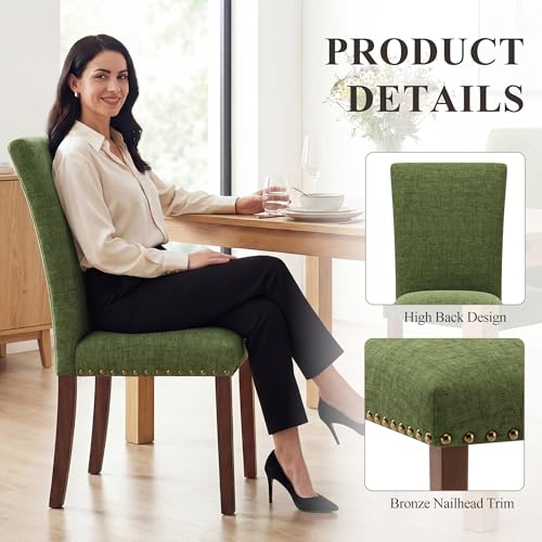 Image of COLAMY Upholstered Parsons Dining Chairs Set of 4, Fabric Dining Room Kitchen Side Chair with Nailhead Trim and Wood Legs - Green