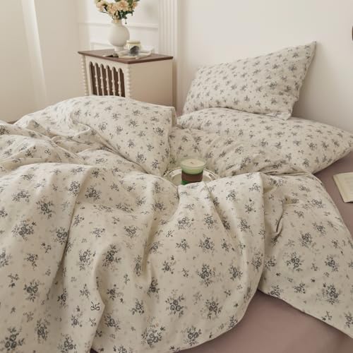 Image of VM VOUGEMARKET King Size Double Layer Gauze Duvet Cover Set, Off-White Duvet Cover with Gray Floral Prints Bedding Set for Cottagecore Decor