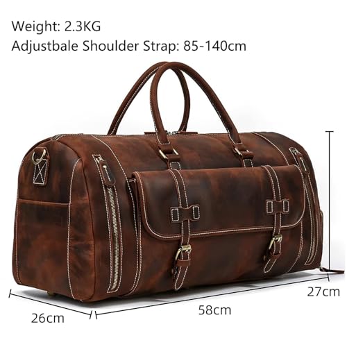 Full-grain Genuine Leather Travel Bag Large Capacity Duffel Luggage Bag with Shoe Compartment, Men Women Shoulder Bag for Weekend Holiday Business Trip, 58cm2