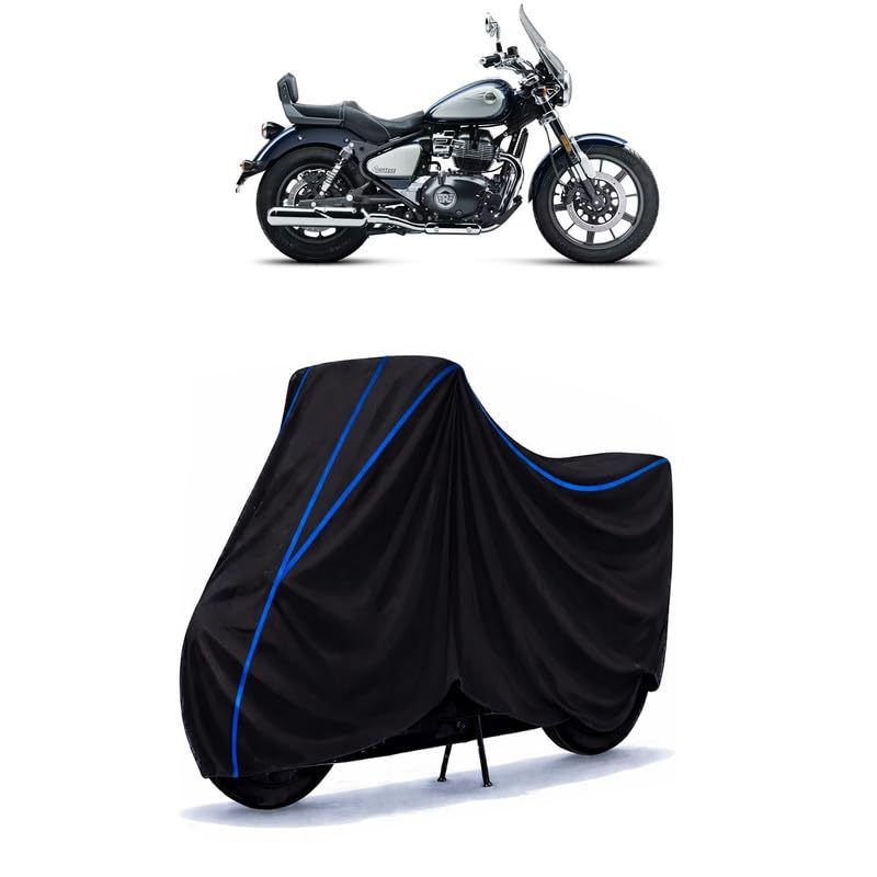 Image of Super Meteor Bike Cover Water Resistant Universal Motorcycle Rain | Heavy Duty UV Protection, Dust, Scratch Indoor Outdoor All Weather with Black Blue Piping Elastic