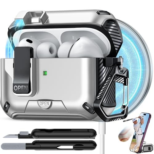 Image of for AirPods Pro 3 Case with Lock (Silver) | Compatible with MagSafe,with Phone Stand,with Automatic Snap Switch Carbon Fiber Design Protection Cover with Cleaning Pen