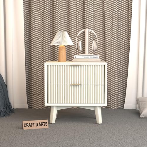 Image of CRAFT D ARTS Wooden Bedside Table for Bedroom | Wooden Bed Side Nightstand Lamp Table with 2 Drawers for Home & Hotels | Side Table for Living Room | HDMR Premium Wood & Iron Legs | White