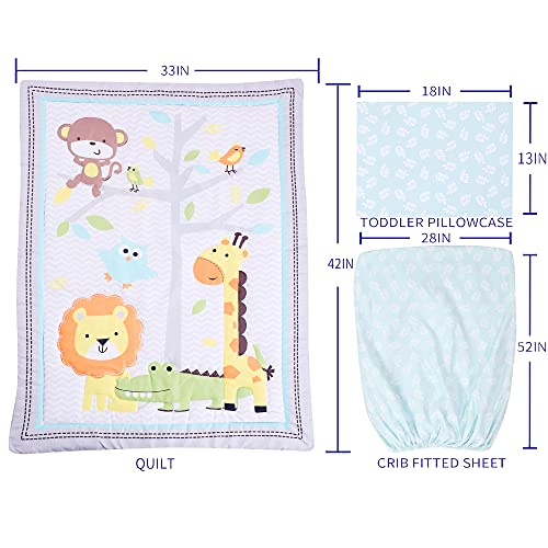 Image of JISEN 3 Piece Crib Bedding Set Crib Quilt Crib Sheet Pillowcase - Soft Microfiber Printed Nursery Set for Baby Boys or Girls Zoo