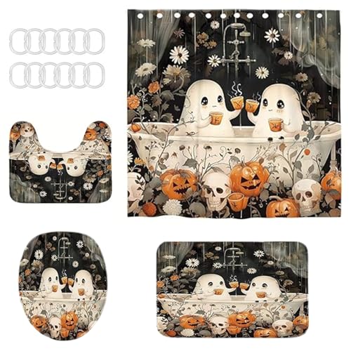 Ensemble rideaux douche d'halloween imperméable avec tapis de bain antidérapant