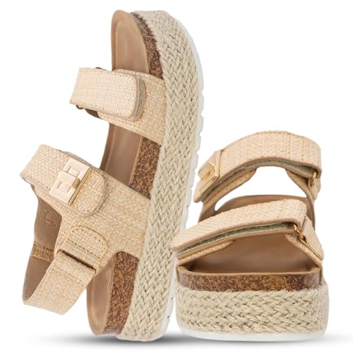 YOKI TRIBECA-Y Platform Sandals For Girls With Double Strap And Gold Buckle - Lightweight Kids Sandal With Cushioned Footbed, Summer Sandal (Beige, Size 4 Big Kid)