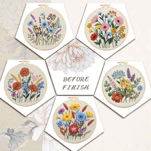 Image of Yinder 5 Set Starter Embroidery Kit for Beginners Boho Cross Stitch with Patterns Embroidery Hoops Instructions Floss Punch Needlepoint Kits DIY Crafts Adult Beginner Cross Stitch (Wildflowers)