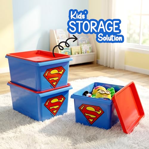 Image of Nayasa Stack N Store Superman, Small, 5 ltrs | DC Superhero Print Plastic Storage Boxes Set of 3 with Lid | Side Handles | Stackable Multipurpose Organizers | Strong & Durable | Blue