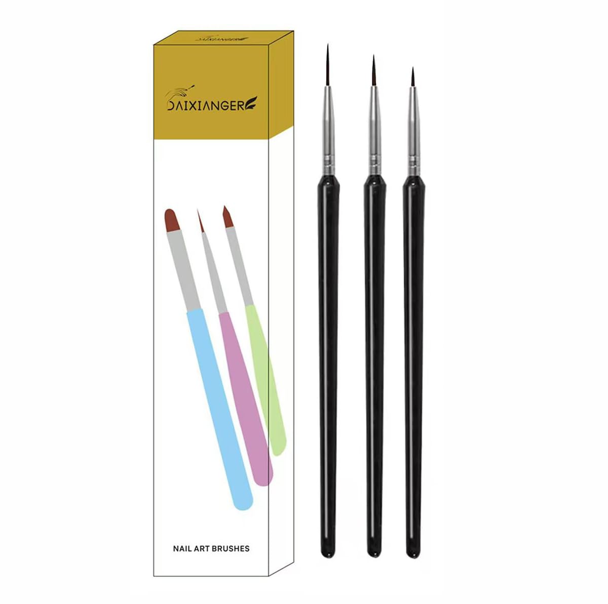 3Pcs Ultra Fine Nail Art Liner Brush Set, Fine Tip Detail Painting Brushes with Colorful Metal Handle, Thin Striping Brushes for Gel Polish, French Tip, Nail Drawing, DIY Manicure Art Tools