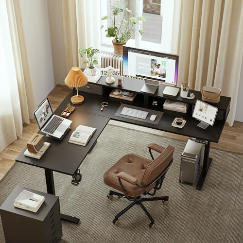 Image of Agilestic L Shaped Electric Standing Desk with 2 Drawers, 63 Inch Ergonomic Adjustable Height Desk with Storage, Corner Desk Sit Stand up Computer Table for Work Office Home, Black