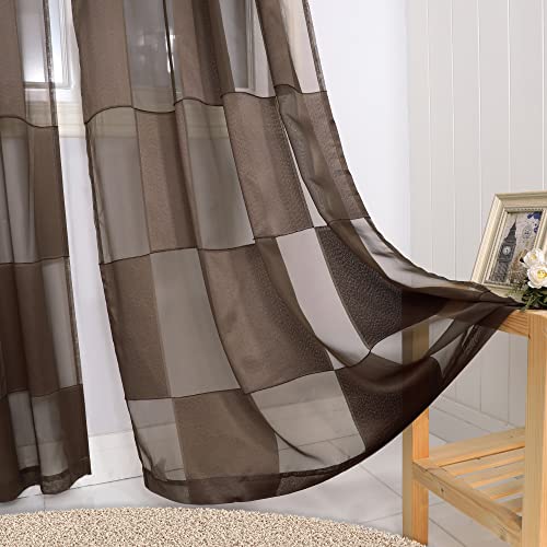 Ovzme Brown Sheer Curtains 96 Inch Length 2 Panels For Living Room Bedroom, Light Filtering Sheer Curtain Semi Checker Window Curtains Bohemian Voile Drapes For Patio Glass Door, Rod Pocket, 40Wx96L #TOP5
