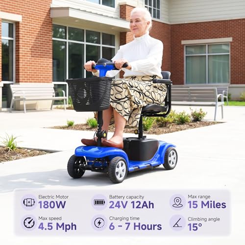 Mobility Scooter for Adults, Senior, 4 Wheels Electric Powered Chargeable Device for Travel, Lightweight Mobility Scooter, with LED Headlights and Basket, Charger Included
