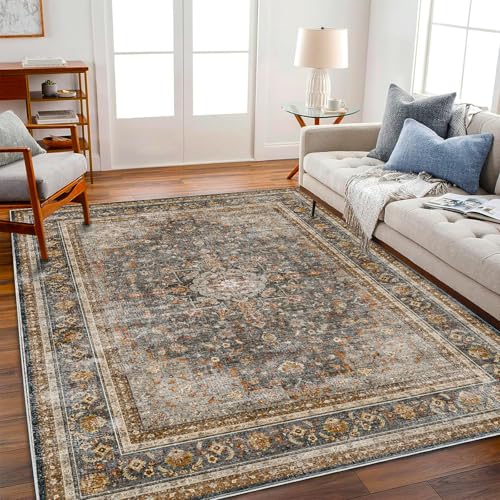Washable Area Rug 4'x6' Traditional Floor Cover Foldable Thin Rugs Retro Kitchen Indoor Distressed Non Slip Carpet Floral Print Mat Bedroom Living Room