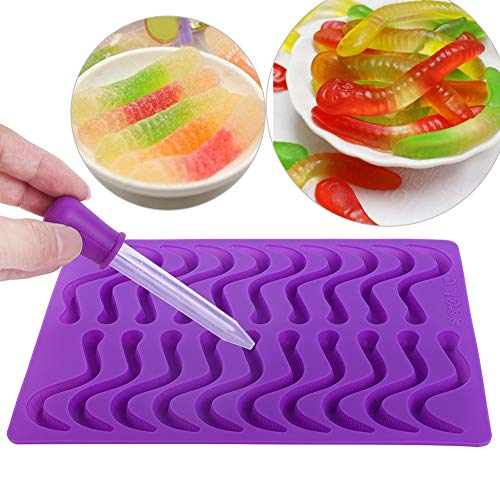 Stampo gommoso 20 compartimenti Vermi gommosi Lombrico Piccolo Serpente Stampo in Silicone per Caramelle al Cioccolato Torta gommosa con contagocce Viola