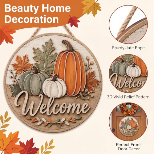 Image of Fall Decor - Fall Welcome Sign for Front Door | Thanksgiving Decorations | Rustic Round Pumpkin Door Wreath Sign Wood Hanging Decor - Fall Thanksgiving Party Favors Supplies for Home Door Wall Decor