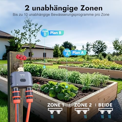 2-Zonen-Wasser-Timer mit Messing-Ein- und Auslass, Sprinkler-Timer für Gartenschlauch, APP-Fernbedienung, WiFi-Schlauch-Timer mit Gateway, Sprachsteuerung mit Alexa, Regenverzögerung und manueller Mod