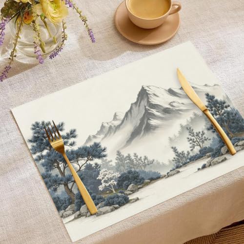 Sets de table peinture à l'encre lin napperon lavable résistant chaleur - 4