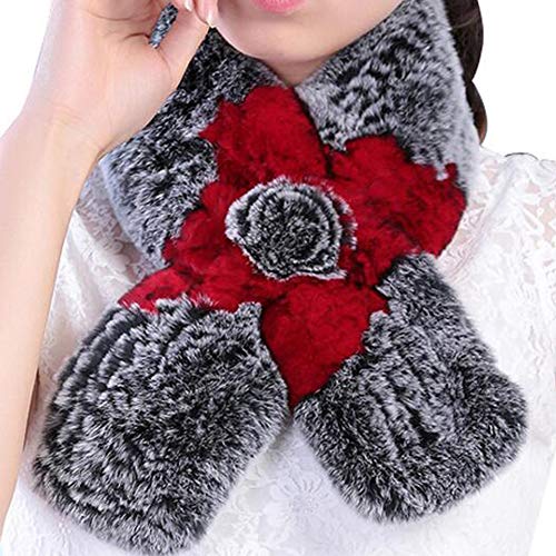 Valpeak Real Fur Scarves Women Winter Fur Neck Warmer Scarf Cold Weather Rabbit Knitted Fuzzy Fluffy (Graywithred) #TOP2