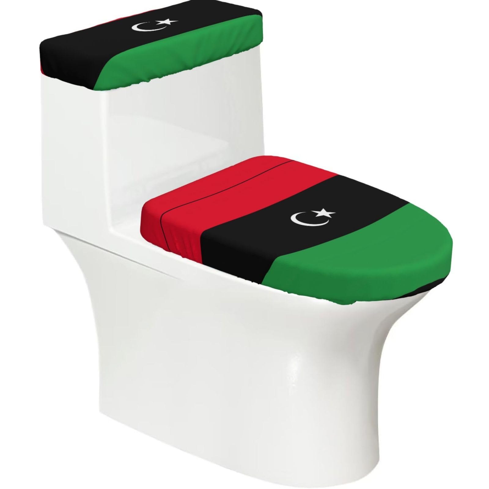 Libyan Flag Print Toilet Covers Set With Elastic Bottom, Universal Toilet Lid And Toilet Tank Covers
