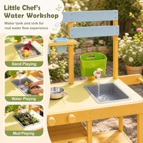 Image of HONEY JOY Mud Kitchen with Wheels, Fir Wood Outside Play Kitchen for Toddlers, Realistic Faucet & Water Tank, Stoves, Sink, Storage Shelf, Planter Cups, Mud Table for Kids Outdoor Backyard,Natural