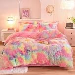 ZIQINPSQ Plush Shaggy Duvet Cover Set,Tie Dye Faux Fur Bedding Set for Teens Girls Soft Velvet Fluffy Fuzzy Comforter Cover Bed Set (Pink, Single)