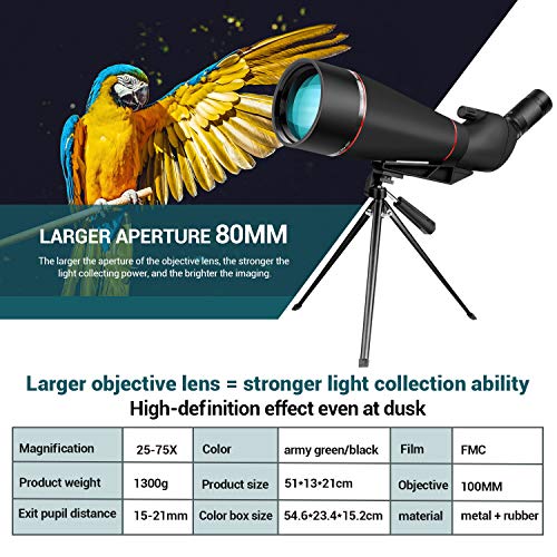 Spotting Scopes 100MM 25-75X HD Monocular Telescope for Bird Watching & Hunting & Target Shooting with Tripod, Phone Adapter, Carrying Bag