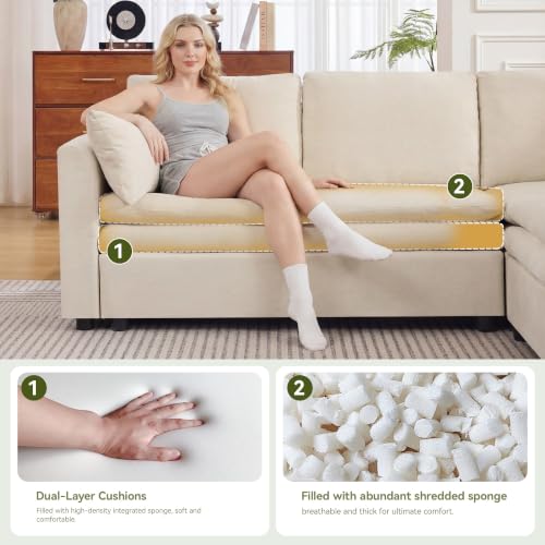 Image of 85 inch Sectional Couches with Left Chaise, Comfy Deep Dual-Layer Cushion Couch, 4 Seater L Shaped Couch, Modern Modular Sofa, Chenille Sofas for Living Room, Apartment, Beige