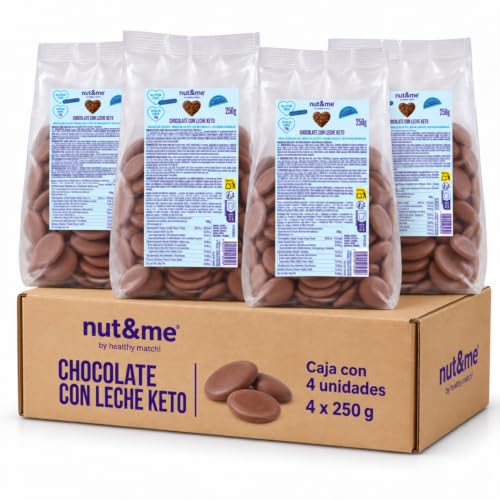 nut&me Gotas de chocolate con leche KETO 4x250 gr | Sin gluten, azúcares añadidos ni aceite de palma, Sin OGM, Vegetariano, Repostería, Pack ahorro
