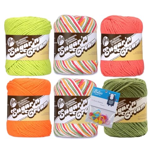Image of Lily Sugar'n Cream 100% Cotton Yarn 6-Pack Bundle with Bella's Crafts Stitch Markers (Mango Madness Mix)