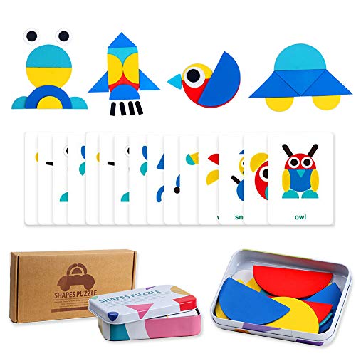 Wooden Animals Jigsaw Puzzles Educational Toys Shapes Puzzles Pattern Blocks for Toddlers Fine Motor Games Sorting and StackingÂ Toys for Boys Girls Age 3+(36 Shape Pieces& 60 Design Cards in Iron Box)
