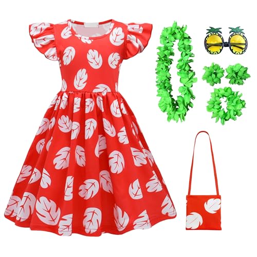 Hawaiian Luau Girls Dress Red Ruffled Tropical Leaf Skirt with Green Lei Set and Pineapple Sunglasses