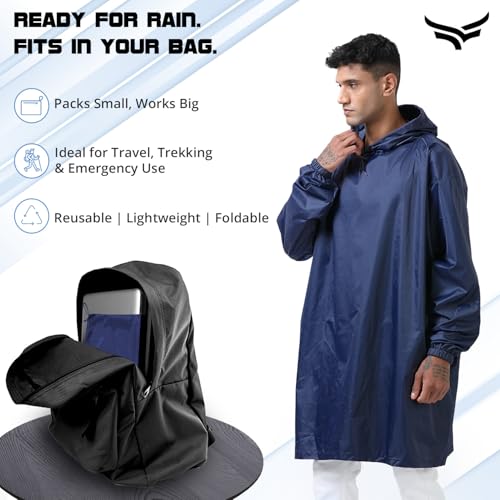 Image of Xtrim Unisex Outdoor Rain Poncho for Adults, Multi Use, Waterproof, Lightweight, Durable, Reusable, Packable Raincoat with Hood, Windproof, One Size Fits All for Travel, Camping, Cycling, Navy Blue