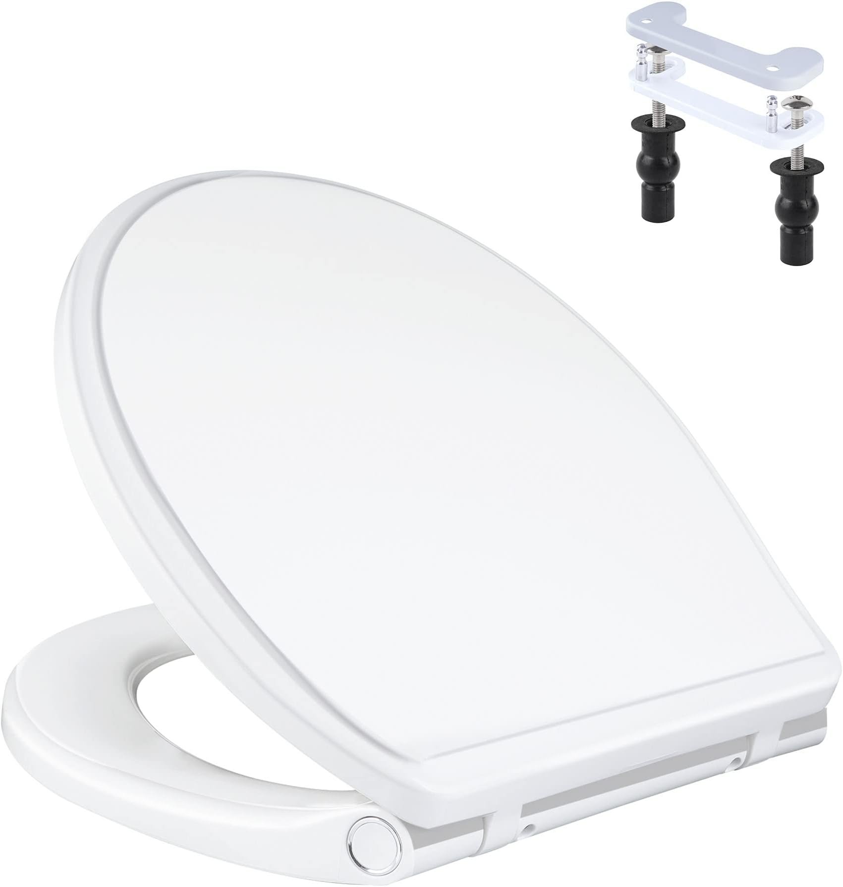 Round Toilet Seat Compatible with Kohler, American Standard, TOTO, Slow Close Toilet Seat Cover with Non-Slip Bumpers, Never Loosen Toilet Bolt Hinge, One-Click to Quick Release, White