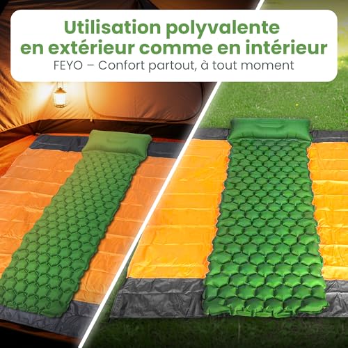 Feyo Matelas Gonflable 1 Place avec Tapis de Sol – Matelas Camping Léger et Compact pour Bivouac, Tente ou Voiture – Matelas de Camping 1 Personne Confortable avec Oreiller Intégré et Double Valve – Image 3