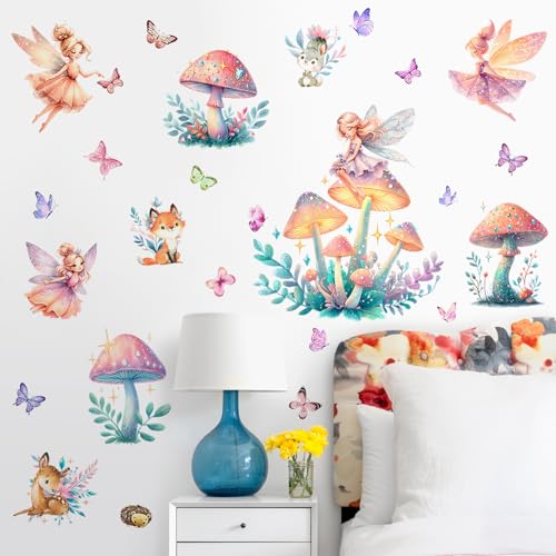 Image of Fairy Butterfly Girl Wall Decals Removable Woodland Animal Wall Stickers Mushroom Deer Fox Rabbit Peel and Stick Wall Decor Vinyl Gaeden Plants Grass Wall Art for Kids Bedroom Nursery Home Decoration