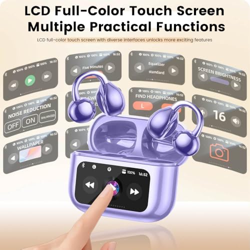 Image of Clip On Ear Headphones, Open Ear Earbuds Wireless Bluetooth 5.4, Clip On Earbuds with LCD Touchscreen, Lightweight Comfort Open Ear Headphones for Pad Tablet Laptop Android /iOS Phones (Purple)