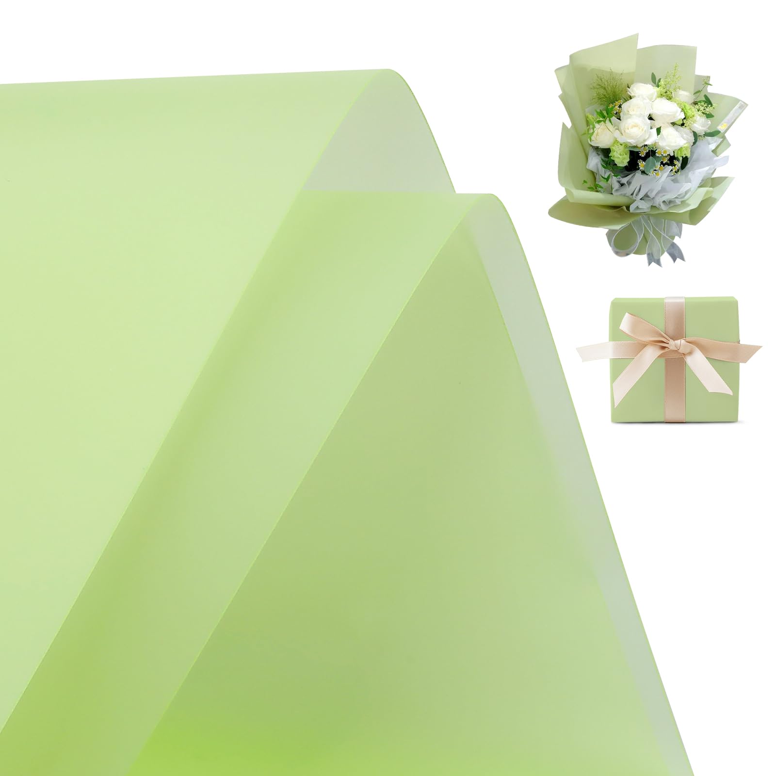 20 Sheets Matte Frosted Flower Bouquet Wrapping Paper,Double Sided Flower Wrapping Paper Waterproof Bouquet Supplies for Florist Wedding Birthdays Party Decoration Gift Wrap 22x22 inch(Light Green)
