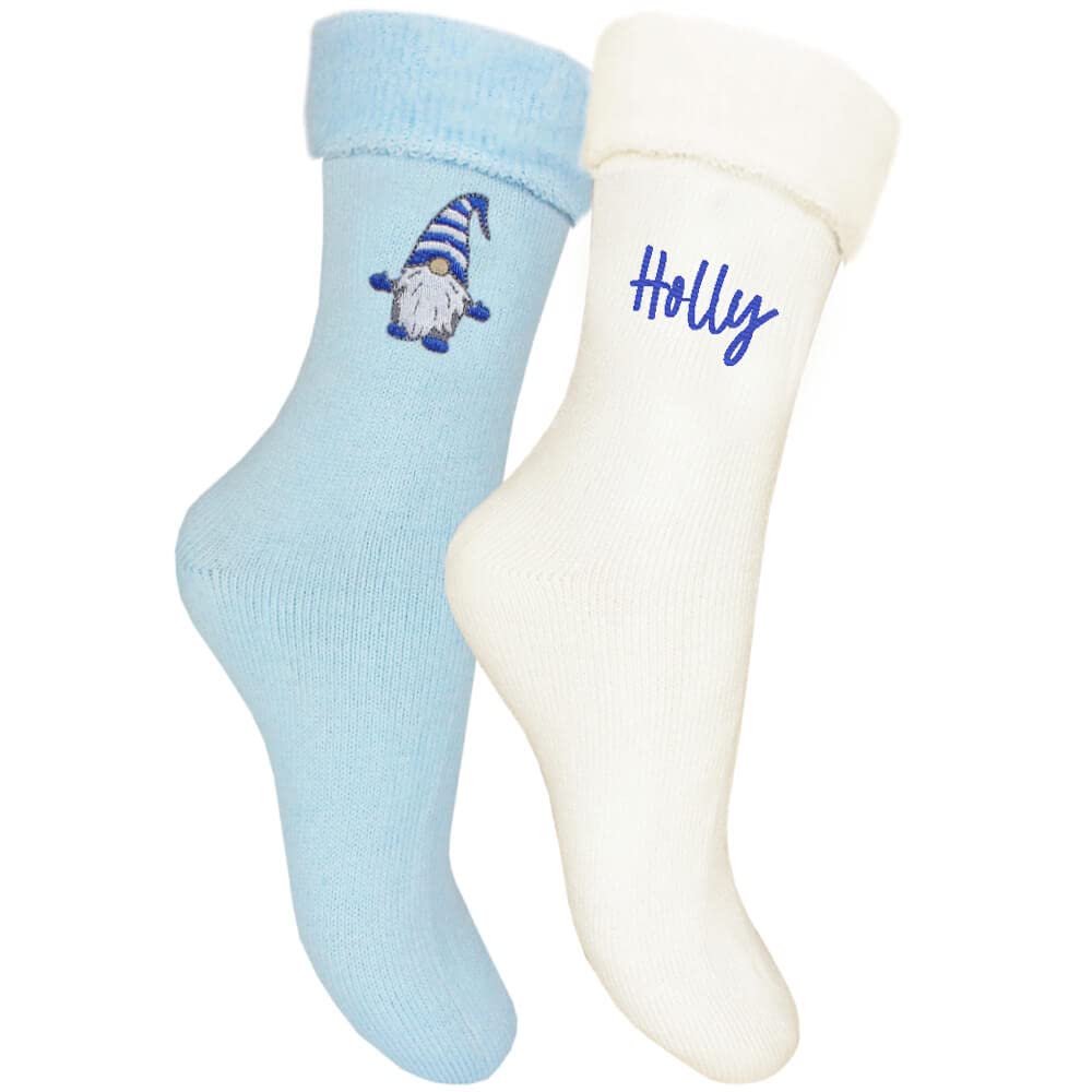 Ladies Personalised Gonk Gnome Thermal Bed Socks Gift Set (Sky Blue & Cream)