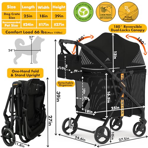 Image of PAWZIDEA Dog Stroller for Large Dogs up to 80 lbs, Lockable No-Zip 180 Reversible Canopy, One-Hand Foldable Pet Stroller for 2 Medium Dogs, All-Terrain Jogger Wheels, Storage Organizer, Chew-Proof