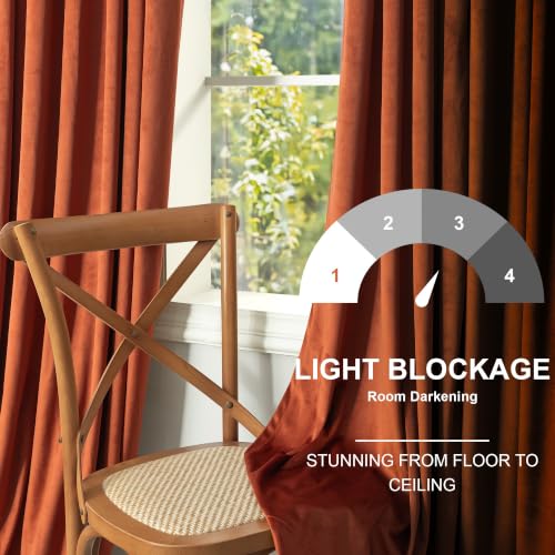 Image of Rust Colored Terracotta Boho Plush Velvet Curtains 108 Inches Long 2 Panels for Living Room Darkening Back Tab Pocket Thermal Insulated Elegant Blackout Curtains Ceiling to Floor Length for Patio Door