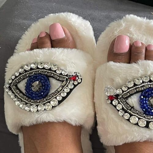 Women's Beaded Evil Eye & Rhinestone Plush Faux Fur Slide Slippers4