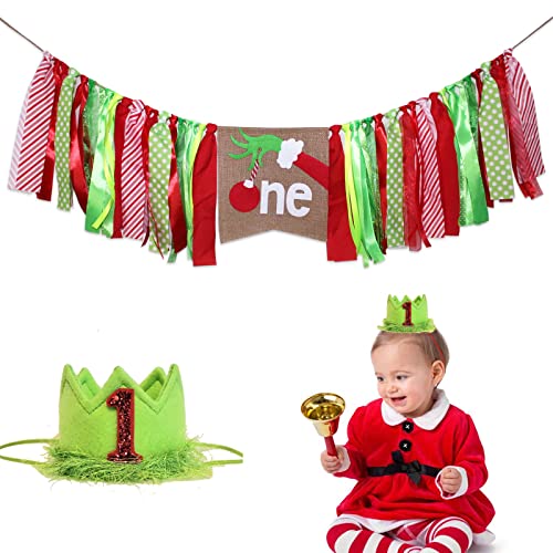 Image of Christmas High Chair Banner, 1st Birthday Sign, Candy Cane Red & Bright Green Highchair Garland, Crown Hat for Kids First Birthday, Photo Booth Props and Cake Smash