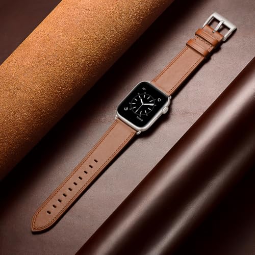 OUHENG Leather Bands Compatible with Apple Watch Band 42mm 40mm 38mm 41mm, Genuine Leather Strap Compatible with iWatch Series 11/10/9/8/7/6/5/4/3/2/1 & SE3 SE2 SE Classic Brown Starlight by OUHENG - Image 5