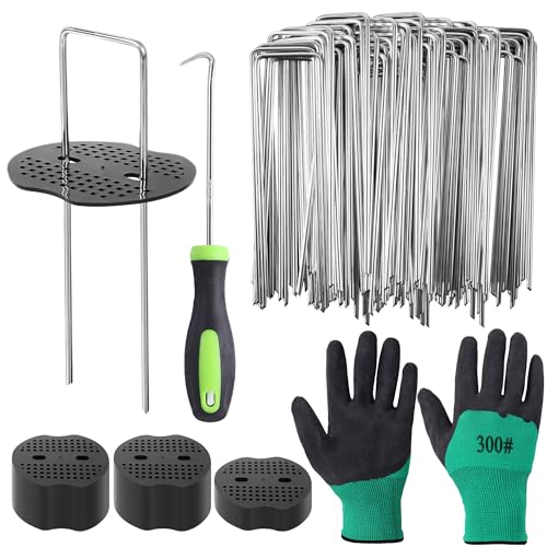 HuiCloud 50 Weed Control Membrane Pegs + 50 Buffer Washer, Heavy Duty Metal Ground Pegs Set with Hook and Gloves for Garden Landscape Weed Barrier Cover Artificial Grass Pins Ground Moss Fabric